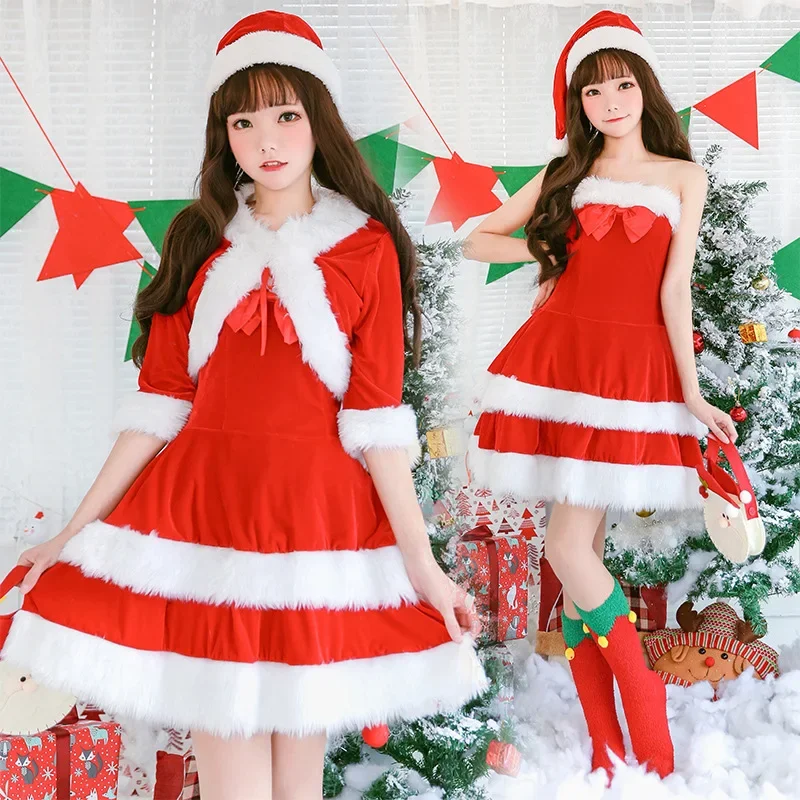 

Christmas Cute Christmas Red Dress Women's Christmas New Year Party Costume Santa Claus Costume Soft Girls Dress Shawl Coat Set