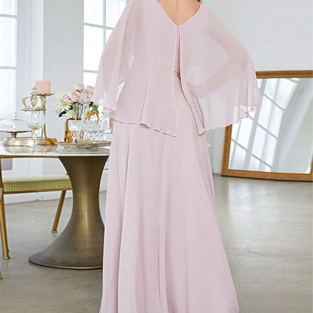 Mother of the Bride Dress - Elegant Cape Sleeve Chiffon Evening Gown - Embellished Waist V-Neck Formal Wedding Guest Maxi Dress