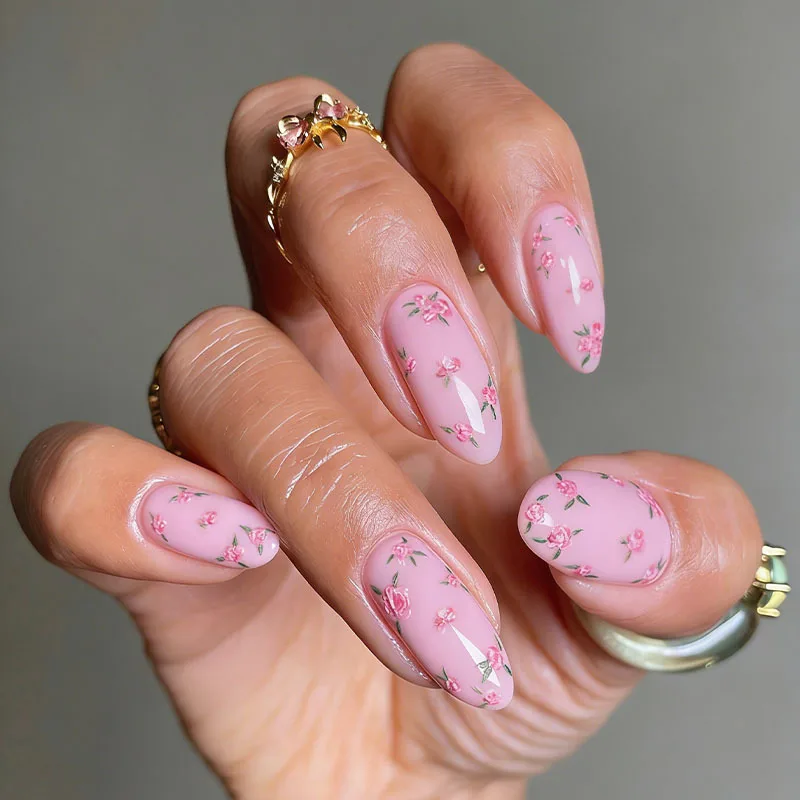 

24PCS Pink Press on Nails Almond Fake Nails with Tiny Pink Rose Floral Print Details Sweet Romantic Nail Art for Women Daily 네일팁