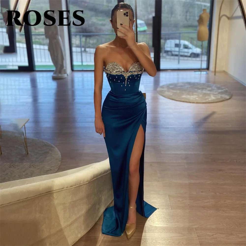 

ROSES Blue Formal Prom Dress Sweetheart Trumpet Sequins Party Dress Sleeveless Pleats Satin فستان سهرة High Split Evening Dress