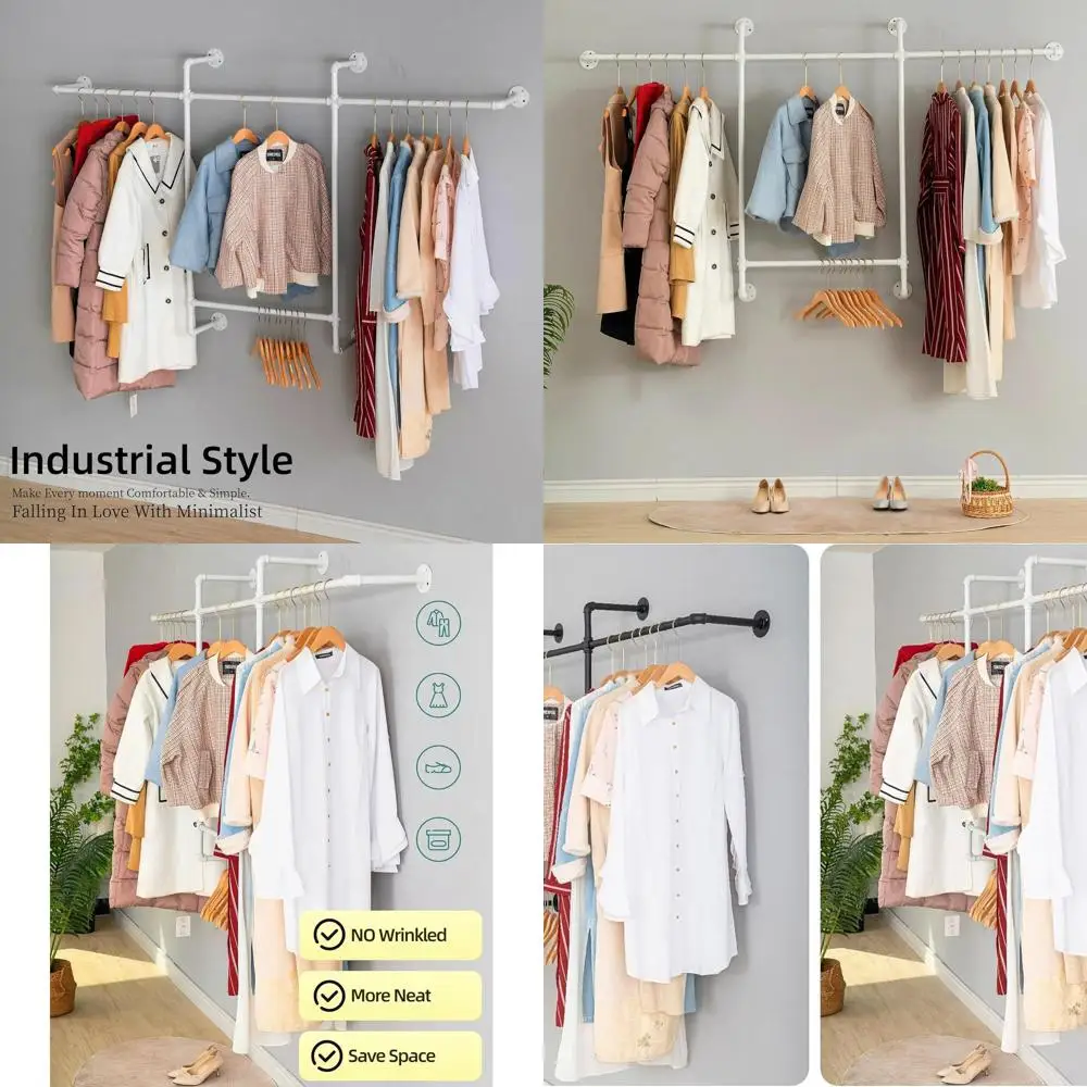 

Metal Pipe Wall-Mounted Garment Rack with Four Hanging Bars, Heavy-Duty Steampunk Style Closet Organizer