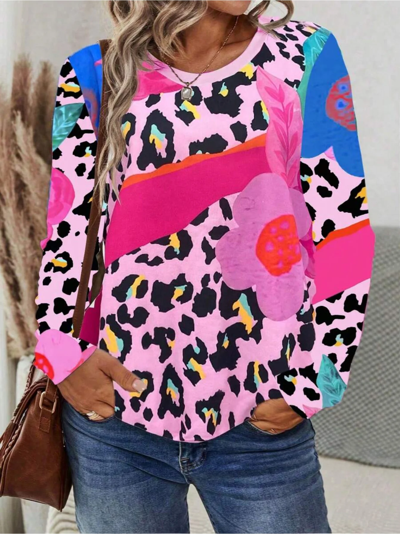 Women Long Sleeve Tee Top Leopard Floral Color Block Print Autumn Fashion Casual Round Neck Sweatshirt Women's Clothes