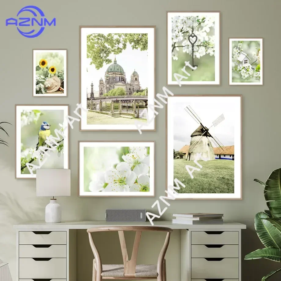 Spring Sunflower Sakura Windmill Farmhouse Church Green Landscape Posters Wall Art Canvas Painting For Living Room Home Decor