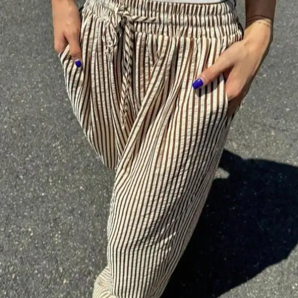 

Cross-Border New Men's Casual Pants Women's Stripe Print Dstring High Waist Straight Leg Neutral G Other Fabric