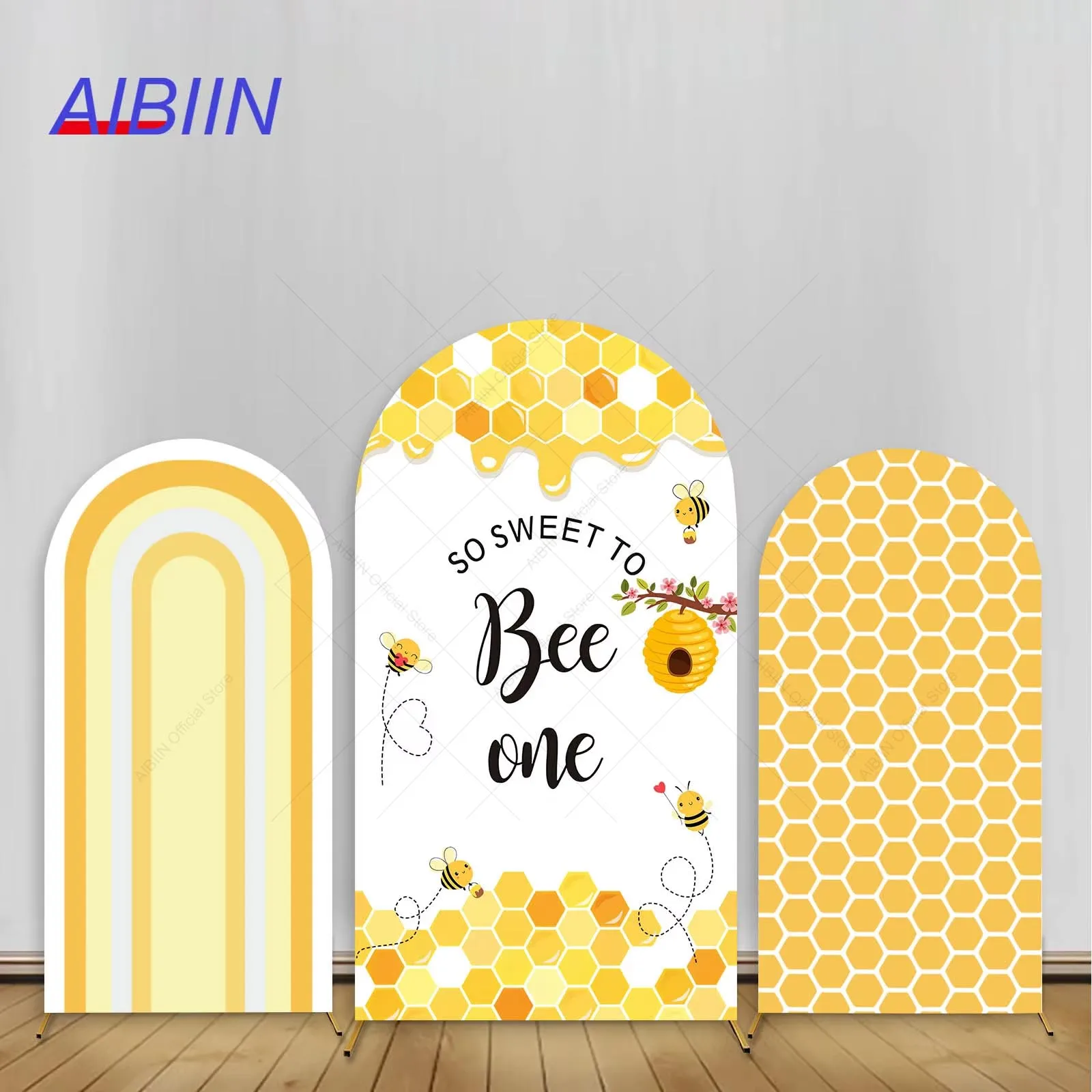 

Happy 1 Year Birthday Arch Backdrop Cover Sweet Bee Theme Stripe Yellow Honeybee Honeycomb Party Decor Cake Elastic Background