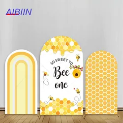 Happy 1 Year Birthday Arch Backdrop Cover Sweet Bee Theme Stripe Yellow Honeybee Honeycomb Party Decor Cake Elastic Background