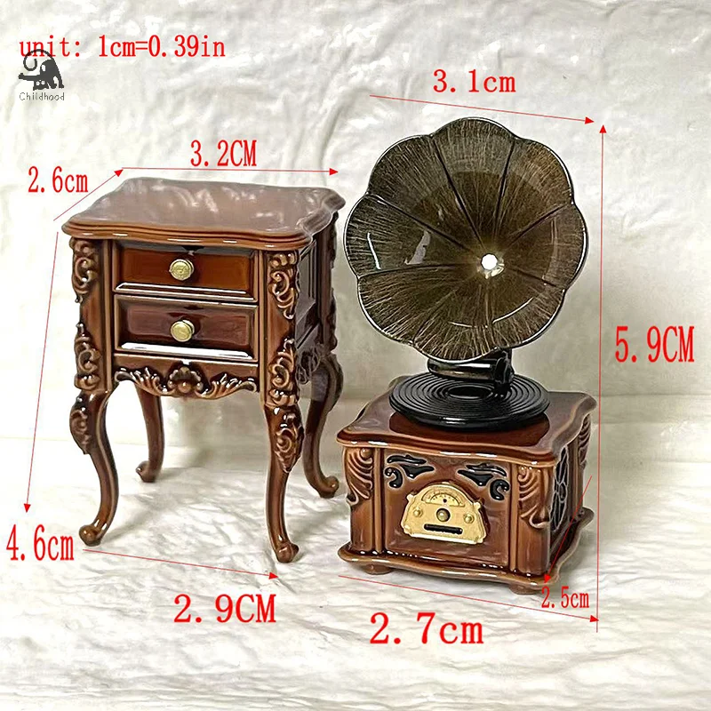 2 unids/set 1:12 casa de muñecas en miniatura Retro Mini conjunto de gabinete de fonógrafo puede tocar canciones muñeca hogar sala de estar muebles decoración juguete