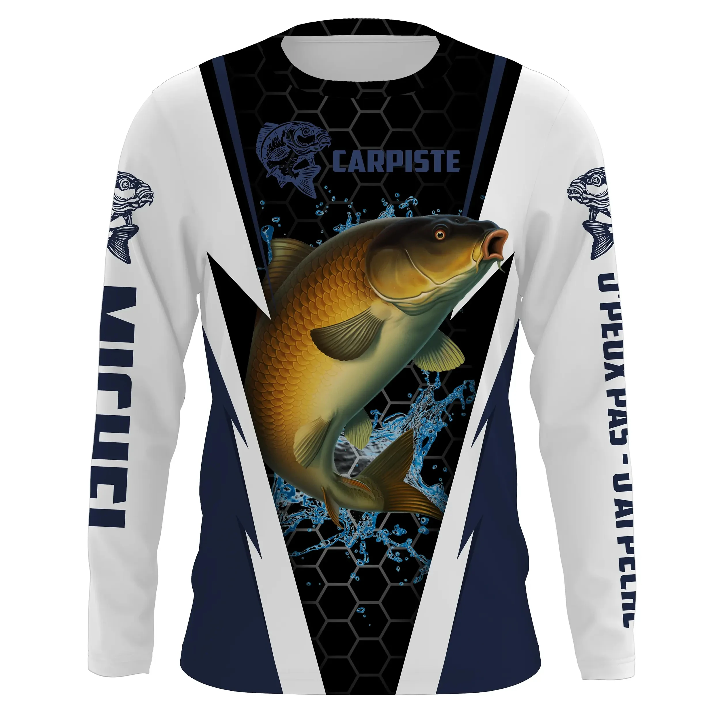 Golden Carp Breaking Water Print Crew Neck Long Sleeve Tee, Exquisite & Realistic Daily Leisure,Shore Fishing Friend Gatherings