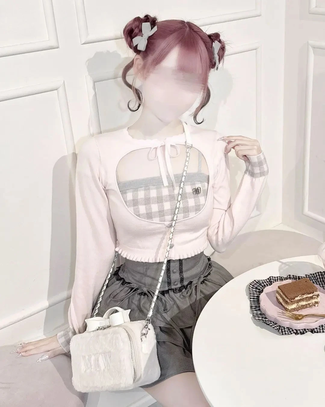 일본 스타일 여성 상의 가을 겨울 신상 달콤하고 귀여운 레이스업 니트 가디건 + 체크 니트 캐미솔 여성용