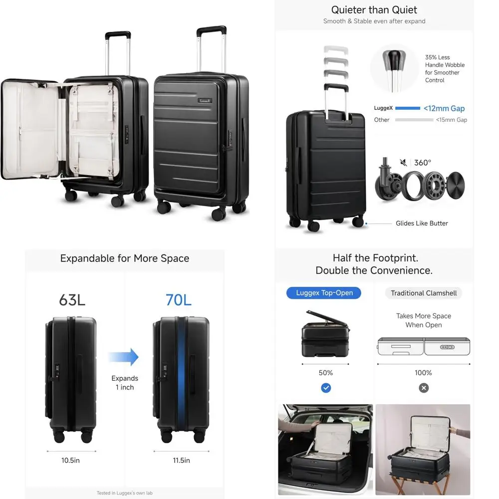 

Расширяемый чемодан с твердым корпусом и верхним отверстием, 24 дюйма, вместимость 63 л-70 л, легкий дорожный чемодан черного цвета