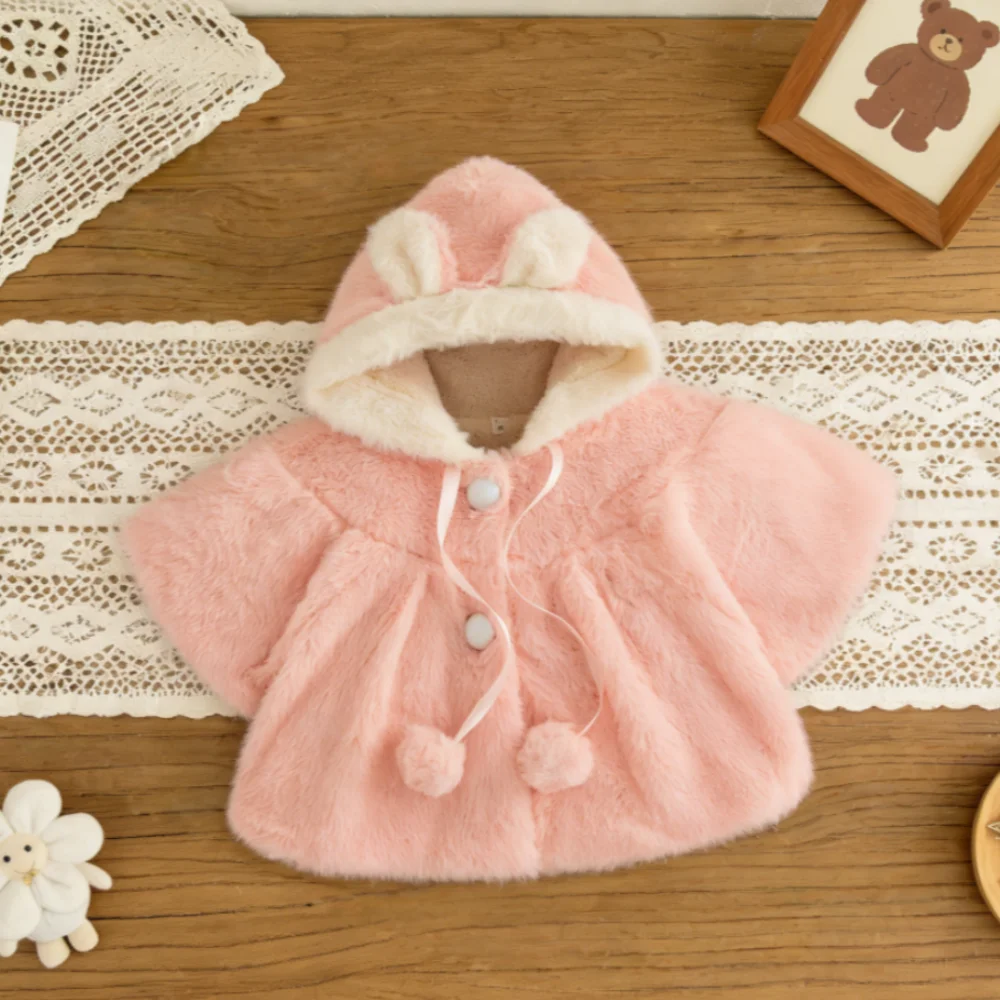 Girls' Coat Winter Solid-Color Warm And Cute Hooded Baby Girls Jacket Cute Baby Outwear With Sheepskin Ears