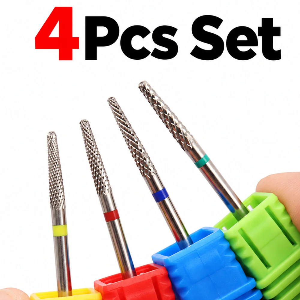 3/4Pcs Tungsten Carbide Nail Drill Bits Set 2.35mm Shank Professional Manicure Pedicure Grinding Cutter for Cuticle Removal Nail