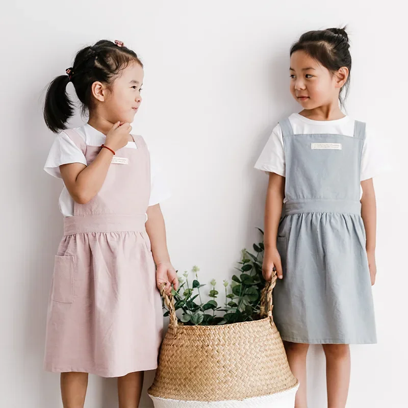 New Fashion Solid Color Cotton and Linen Kids Apron Parent-child Fashion and Comfortable Kids Anti-fouling Apron KitchenSupplies