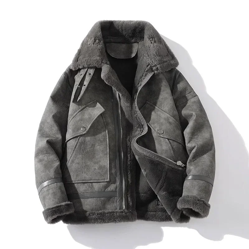 Men's Lamb Wool One Lapel Cargo Jacket Solid Color Relaxation Jacket Fur Winter Loose Thickened Warm Cotton Clothing