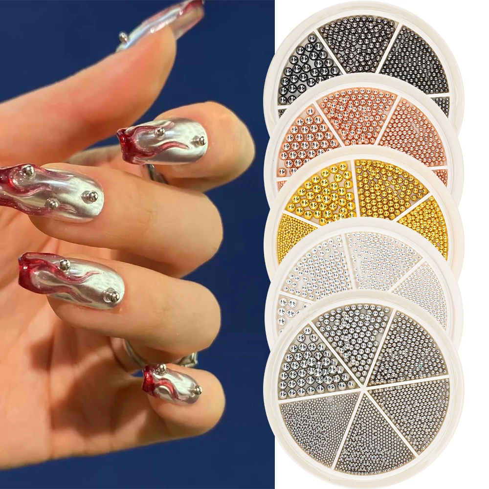 6 rejillas para uñas, pequeñas cuentas de Caviar de acero, dijes para uñas de tamaño mixto, 3D, oro, plata, Metal, Micro bola, diamantes de imitación, decoración de manicura DIY