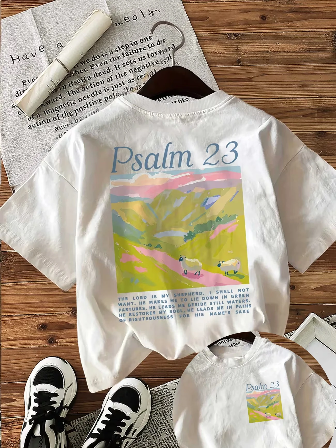 Christian Psalm 23 Bible Verse Graphic T Shirt Women Men Summer Short Sleeve Casual Religious Sheep Landscape Unisex Tee Tops
