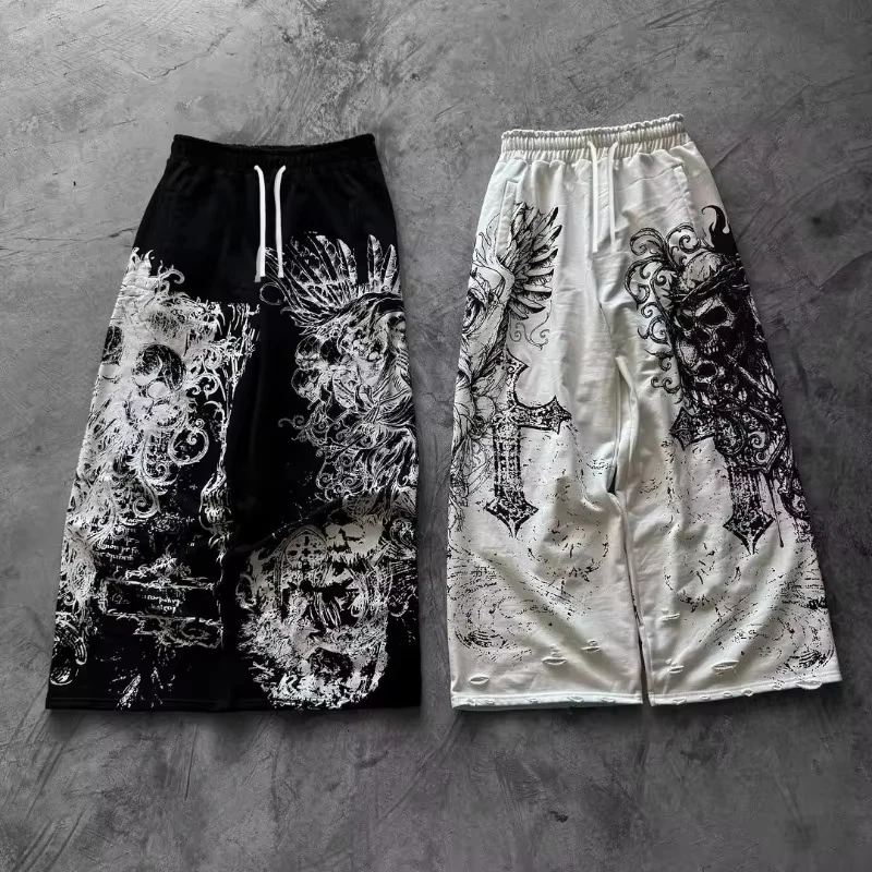 2026 Gothic Skull Print Wide Leg Pants Men's Black Streetwear Casual Sweatpants White Grunge Graphic Loose Fit Trousers Kids