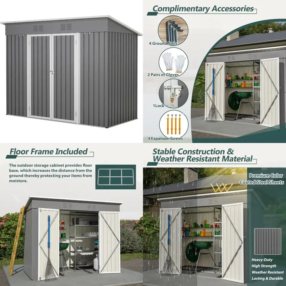 Outdoor Metal Storage Shed - 4x8 Steel Utility Tool Shed with Lockable Double Doors and Ventilation for Backyard