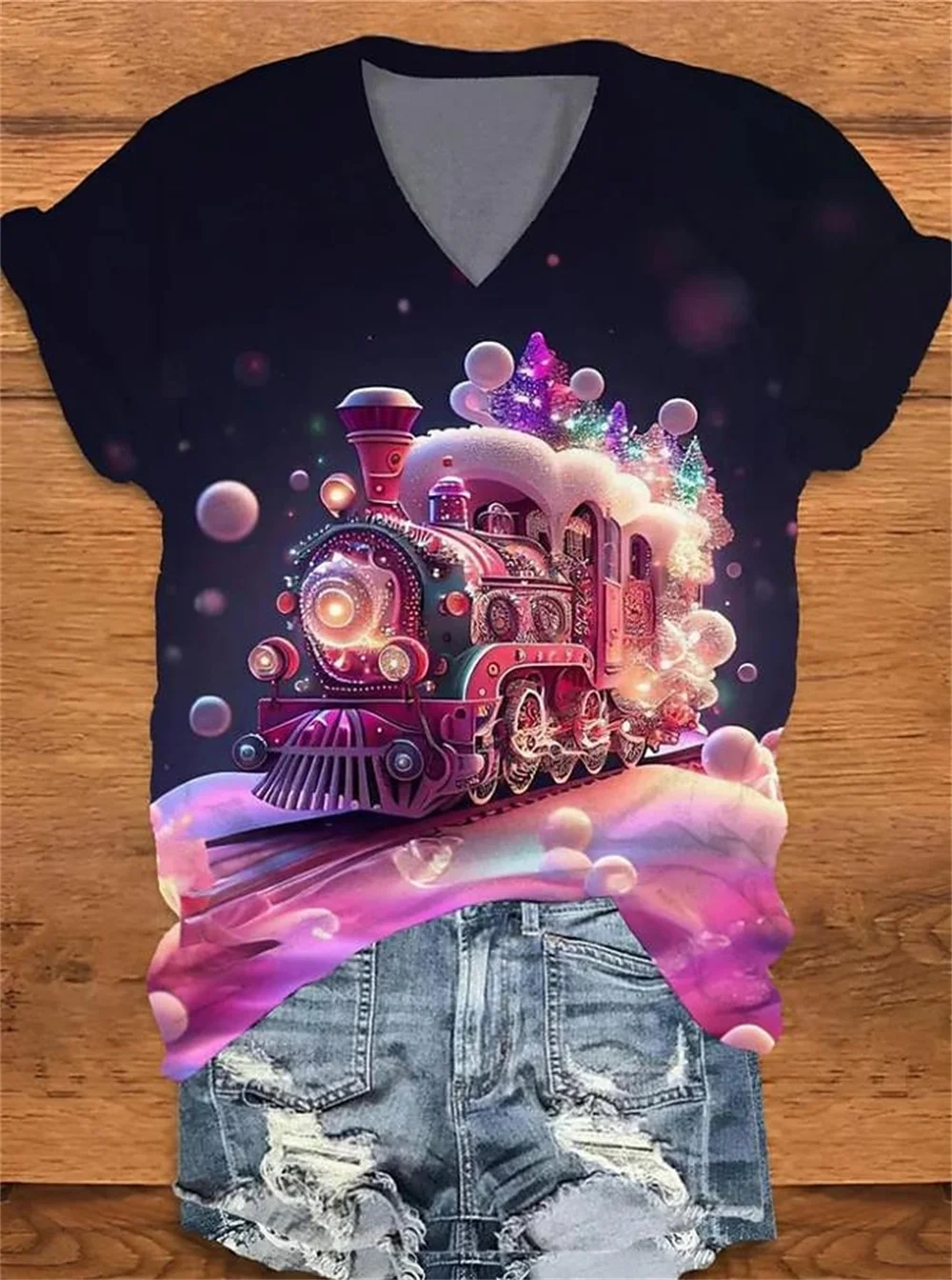 Frauen Weihnachten T-Shirt festliche V-Ausschnitt funkelnden Baum rosa Bögen Sterne schwarz Urlaub T-Shirt lässige Feier Top mehrere Größen