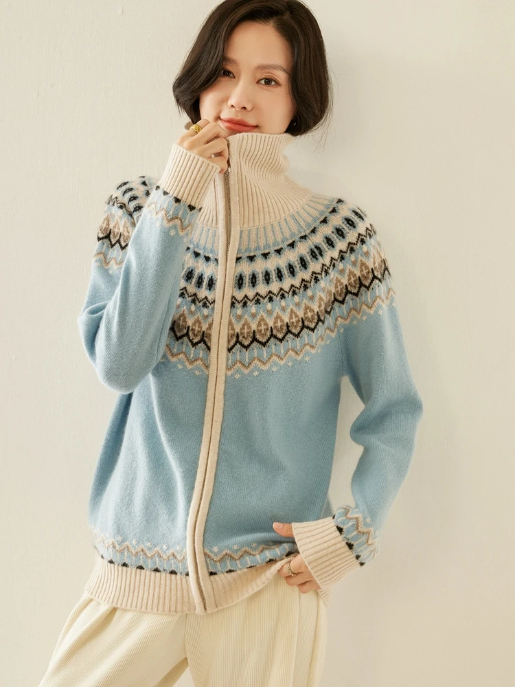Women Fair Isle Sweater Cashmere Cardigans Zippers Thick Loose Clothes Autumn Winter 100% Cashmere Knitwear Warm Polo Collar Top