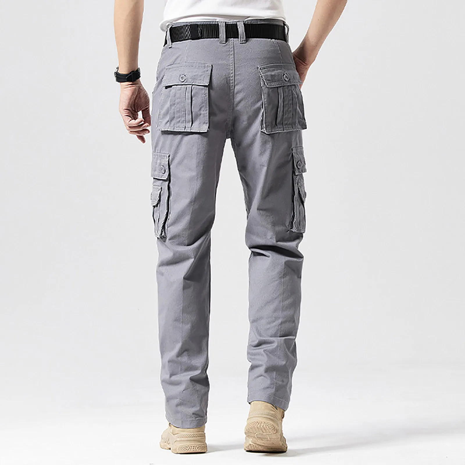 Men'S New Fashion Trend Overalls Multi-Pocket Solid Color Belt Wide Leg Pants Casual All Match Simple Comfortable Long Pants