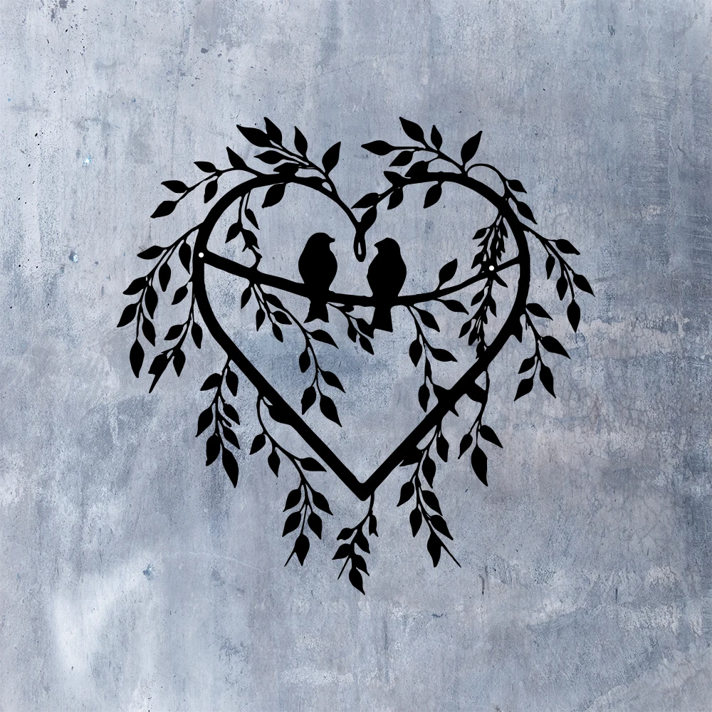 1 pieza de arte de pared de metal con diseño de dos pájaros en una rama y corazón de amor, decoración de pared negra para el hogar, frases del alfabeto, para sala de estar y dormitorio