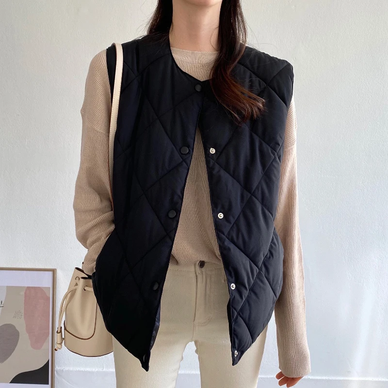 Vintage O-neck Single Breasted Cotton Vest Solid Argyle Quilted Sleeveless All-match Woman Jacket 2024 Autumn Winter Parkas