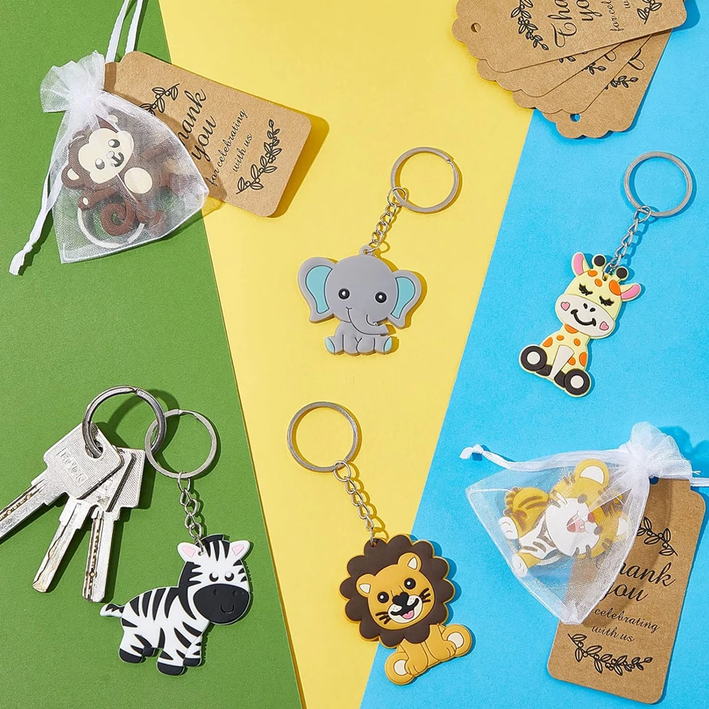 12 sets animal keychain party gifts with thank-you kraft paper labels organza bags  baby showers and birthday party decorations