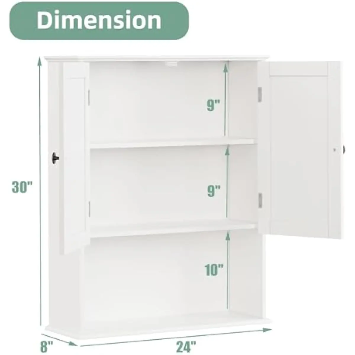 Wall mounted wooden bathroom cabinet 24 inch wide 30 inch tall 8 inch deep with adjustable interior shelf smooth white painted f