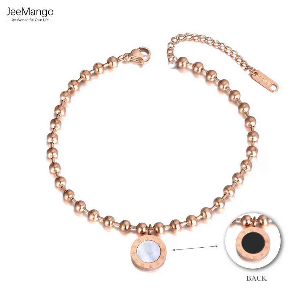 JeeMango Bohemia Beach Stainless Steel Charm Anklet Jewelry Acrylic Shell Roman Numeral Chain Link Anklets For Women A19016