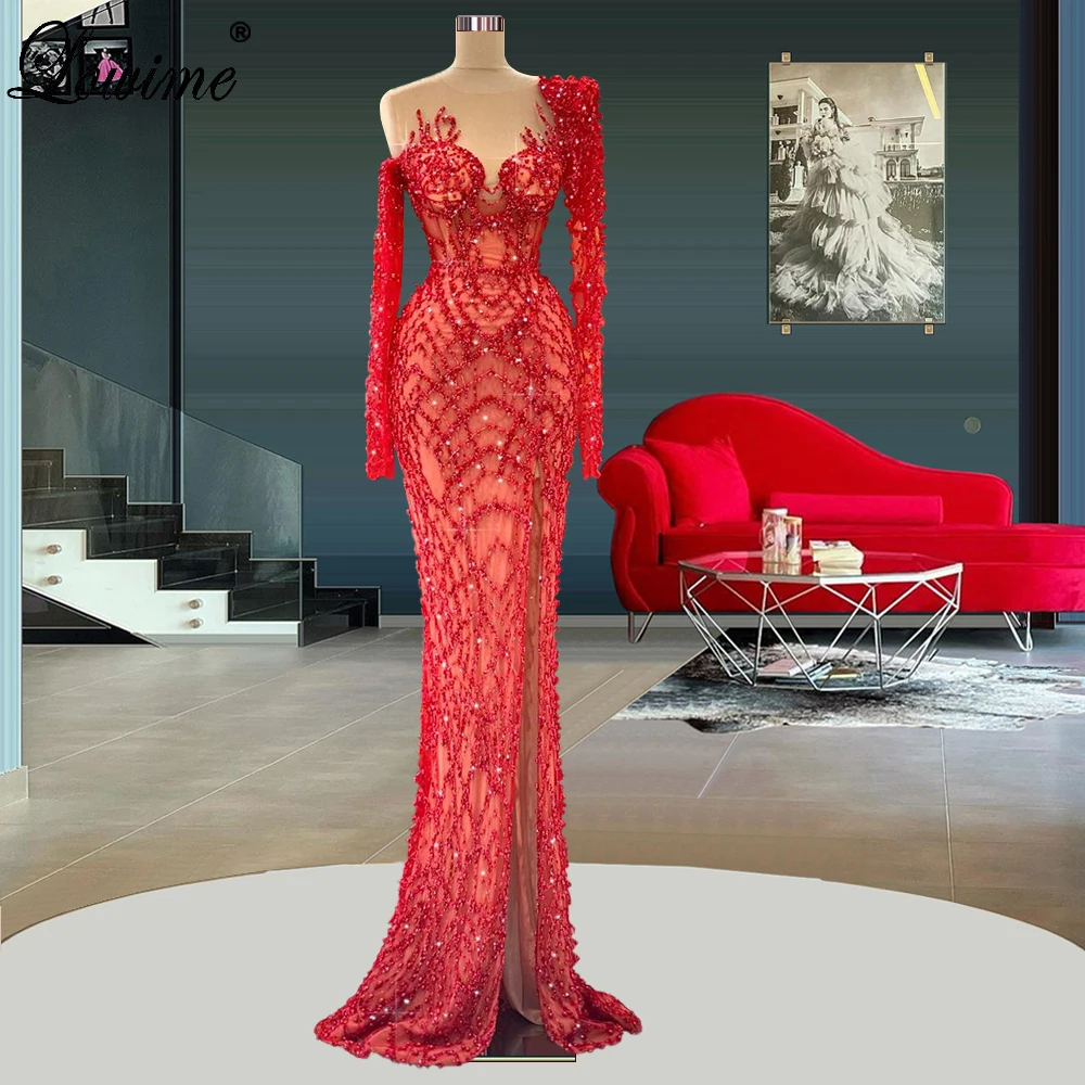 Red Beaded Mermaid Prom Dresses One Shoulder Glitter Sequins Evening Dresses For Women Turkish Coutures Elegant Celebrity Dress