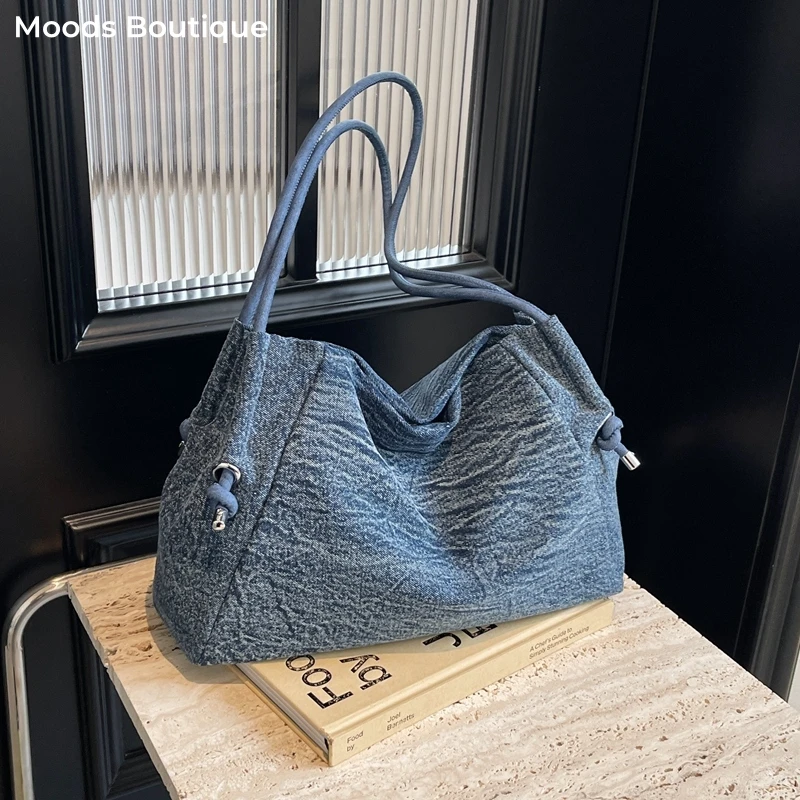 

Washed Denim Fabric Shoulder Bags For Women Retro Large Capacity Shopper Tote Hobo Bag 2024 Summer Latest Trends Handbags Female