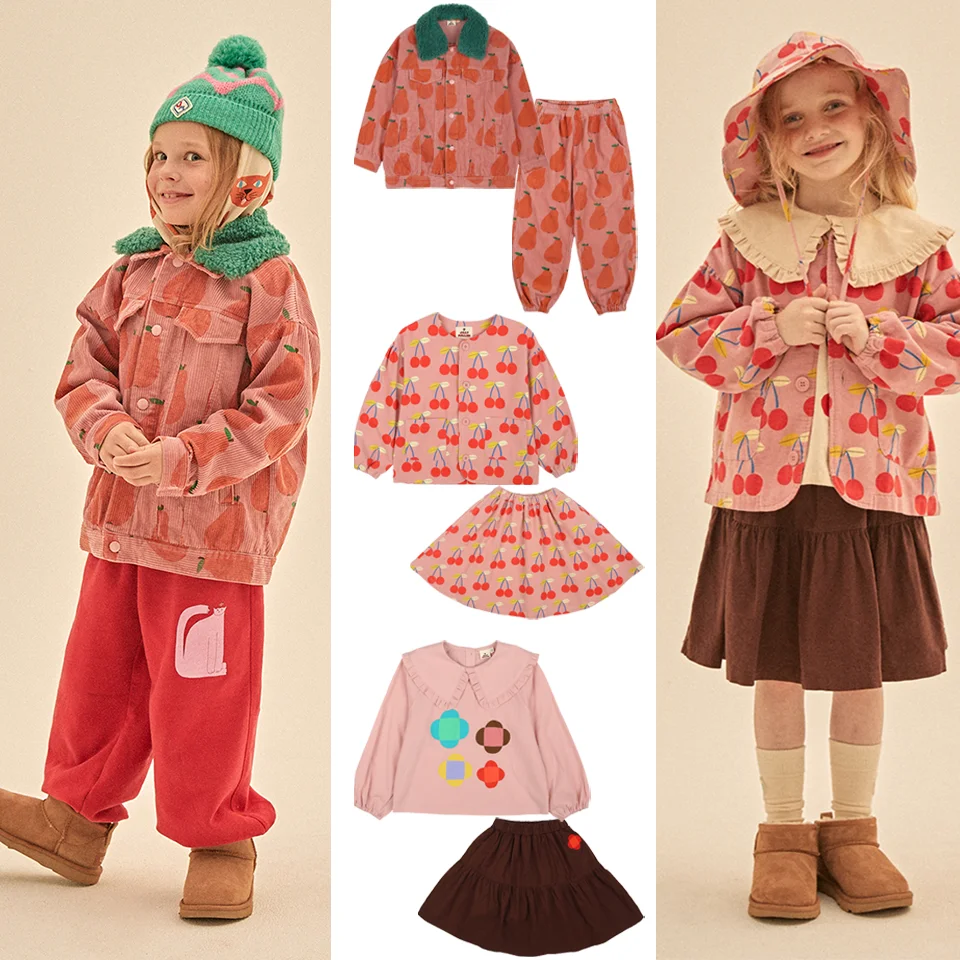 

JM вельветовый комплект детской одежды для девочек, куртка с меховым воротником и принтом, вишневое пальто, юбка, брюки, рубашка, одежда для маленьких девочек