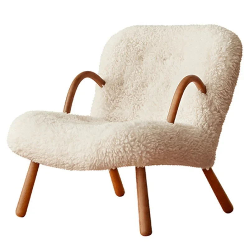 

Lazy armchair Nordic Cherry wood living room lounge chair balcony home recliner lamb fleece sofa chair