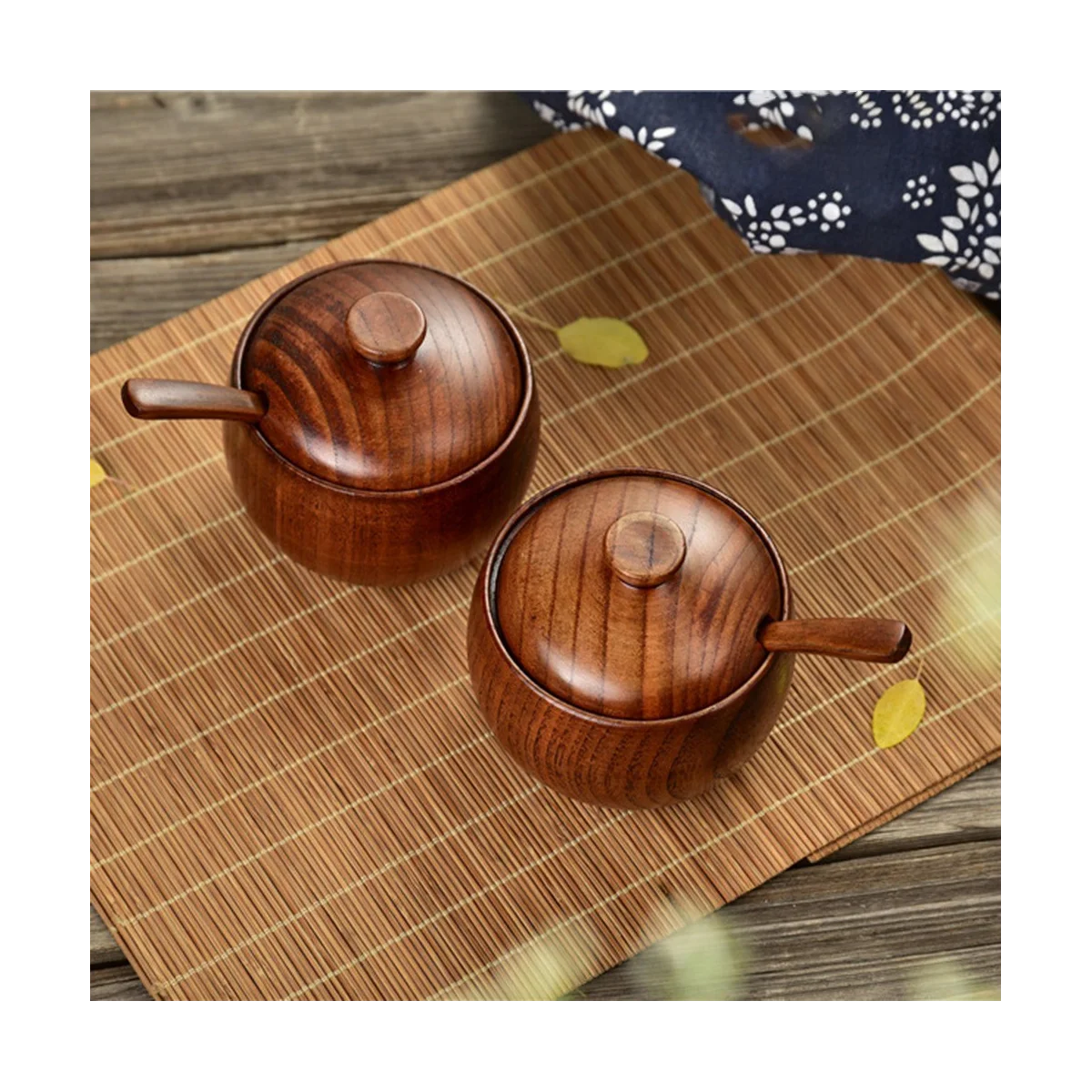 2 Pcs Wood Spice Jar with Wooden Lid and Spoon Nordic Concise Style Salt Container Salt Bowl Seasoning Box Kitchen Tool