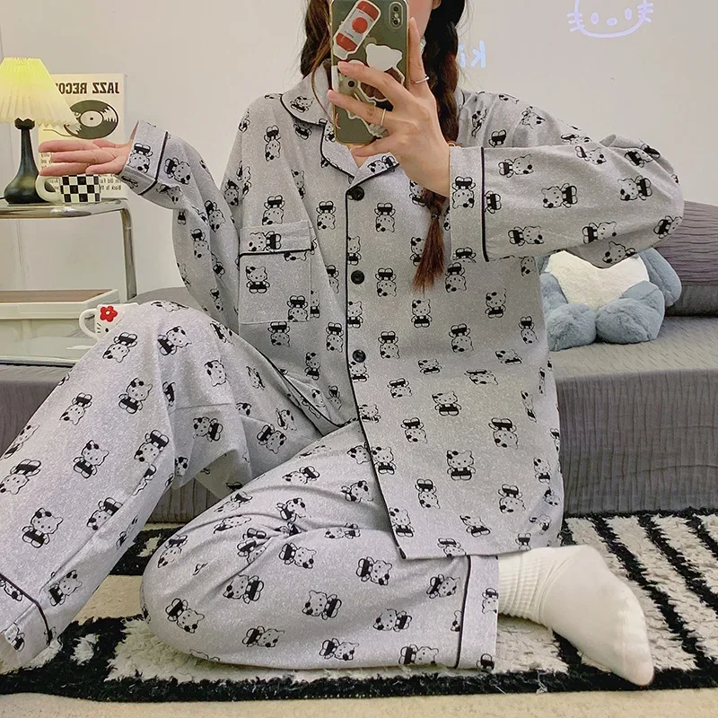 Sanrio Hallo Kitty Herbst neue Cartoon Voll druck Frauen Pyjamas Langarm Cardigan Student süße Animation Lounge wear