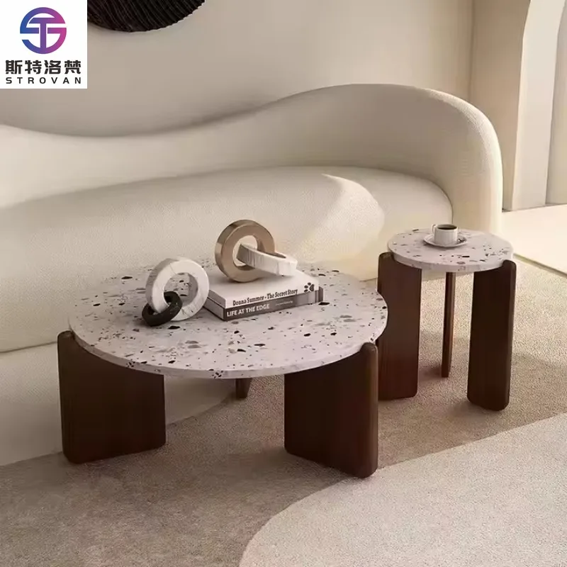 

Nordic Simple Style Home Furniture Solid Wood Leg Side Table Luxury Real Terrazzo Stone Top Coffee Table for Living Room