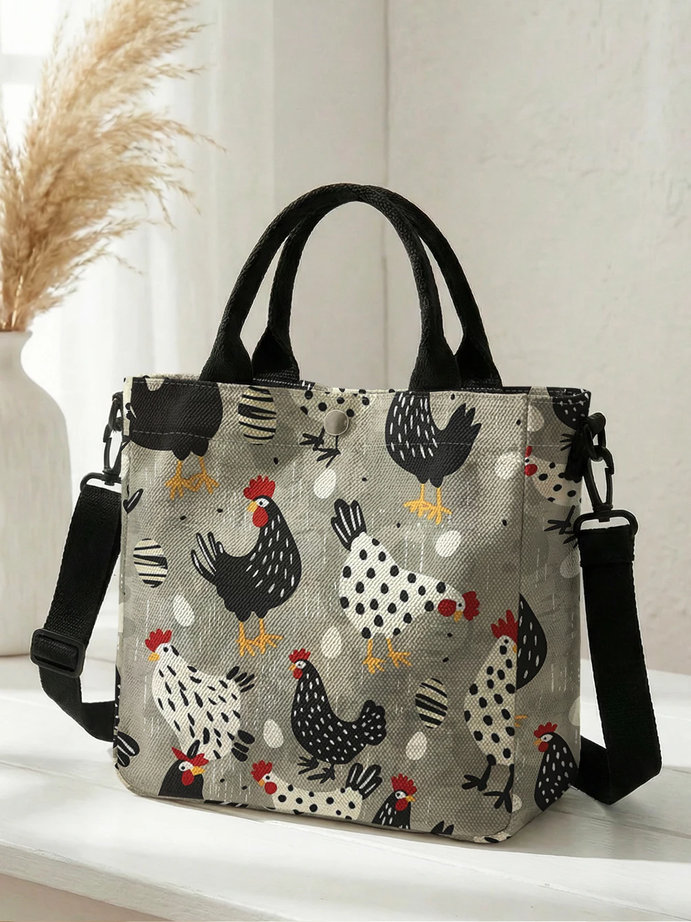 Cute Spotted Hen Chicken Egg Print Canvas Tote Bag Detachable Strap Crossbody Handbag For Women Daily Shopping