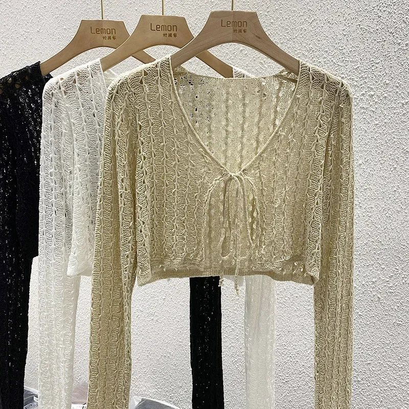 Women Tie Front Crop Cardigan Sheer Openwork Crochet Knit Top  Sweater Summer Boho Chic Beach Outfit