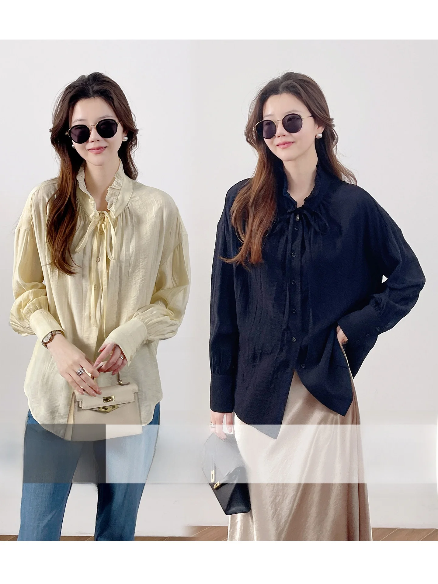 

French Sle Loose Fit Long Sve Women's irt with Ruffle Collar Dstring Hem Lenzing Lyocell 80% Nylon 5% Linen 5%