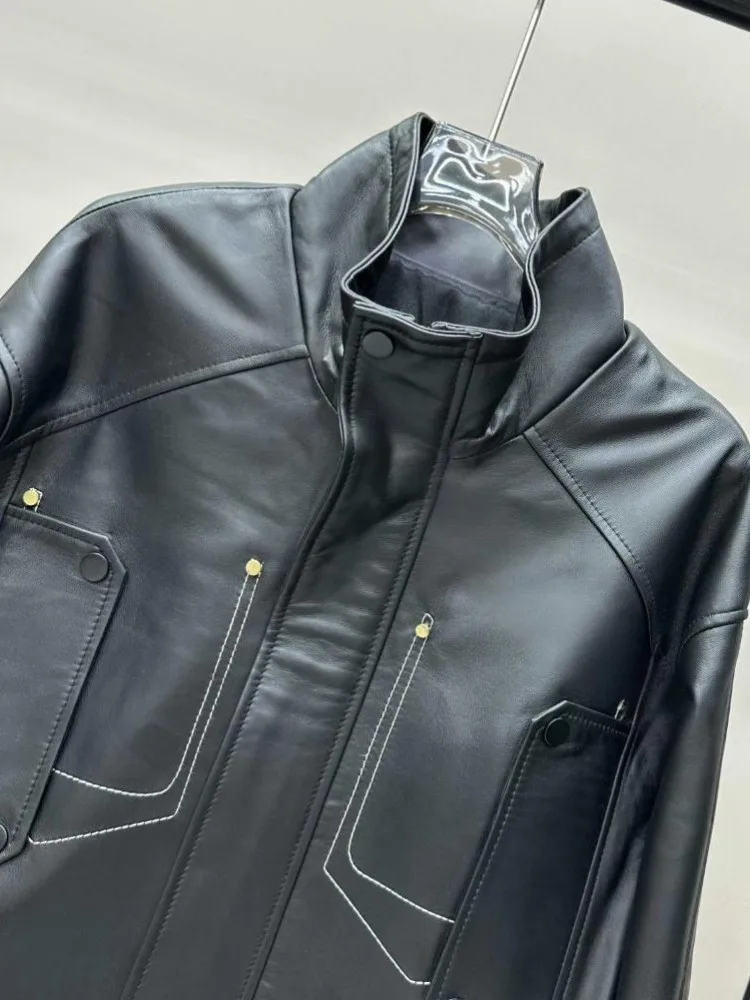 Büro Damen Echtes Leder Stehkragen Mode Jacke Einfarbig Schaffell Lange Ärmel Lose Zipper Taste Oberbekleidung