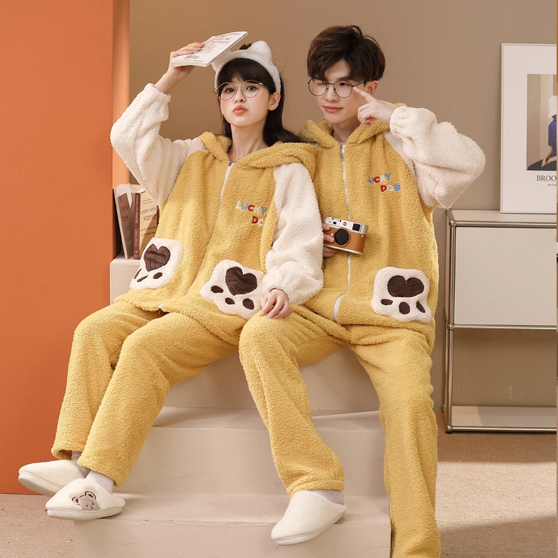 Couple Pajamas Sets Warm Thick Flannel Sleepwear Plush Winter Zipper Pajama Sets Cartoon Shiba Inu Hoodies Female Male Pyjamas