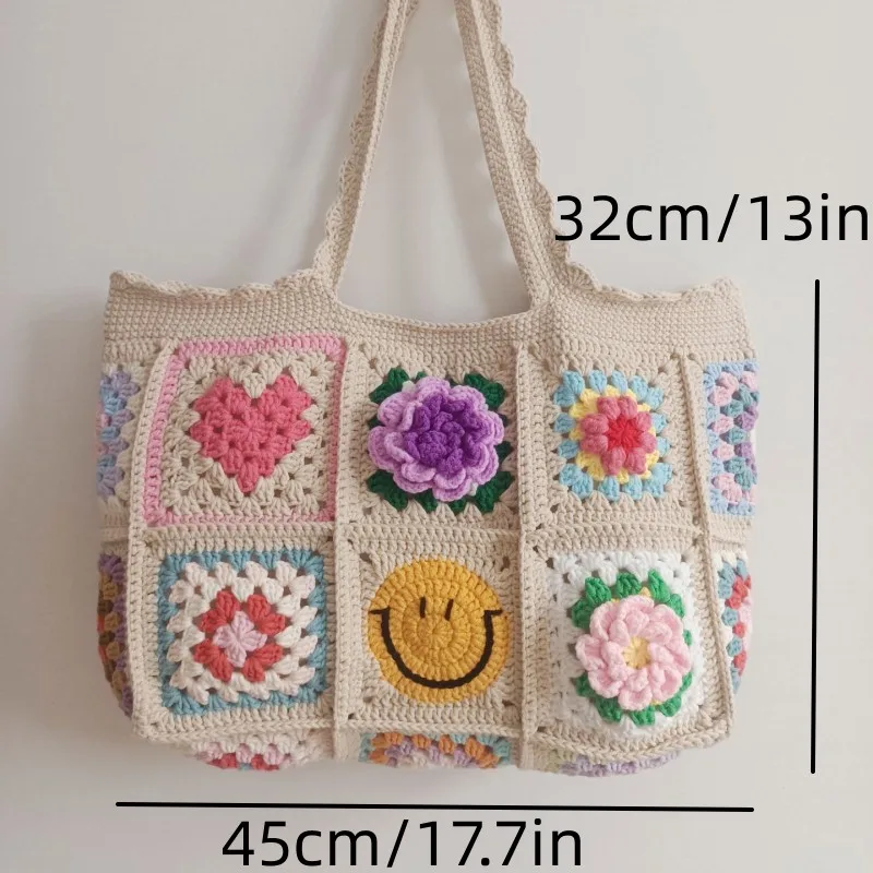 Handmade Crochet Square Large Tote Shoulder Bag, Shopping Handbag, Vintage Style, Summer Beach Bag