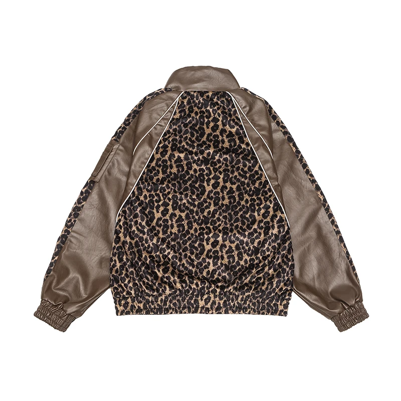 Leopard Leather Splice Y2k Jacket Men Women Streetwear Fashion Hip Hop Loose Casual Bomber Jacket Unisex Coat Outerwear