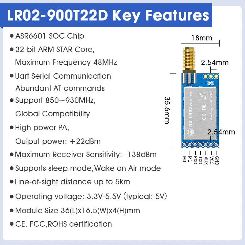 LoRa ASR6601 SOC -138dBM 868/915Mhz مجموعة البيانات 22dBm طاقة منخفضة 5 كجم طويلة المدى UART PCB LoRaWAN IoT وحدة Rf اللاسلكية
