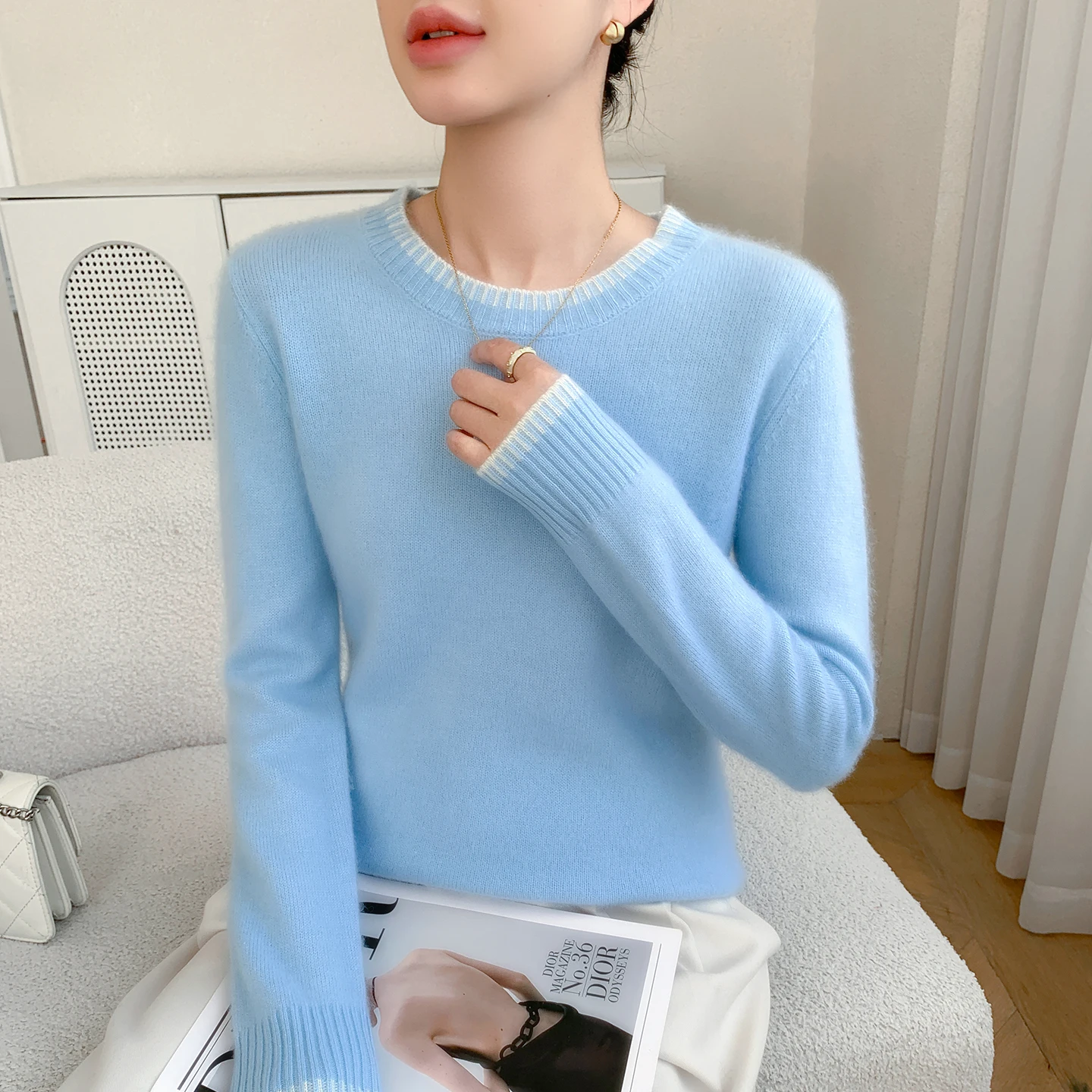 خريف/شتاء جديد المرأة 100% الكشمير الخالص البلوز عادية اللون منعت محبوك سترة فضفاضة الجولة الرقبة القمم سميكة البلوز