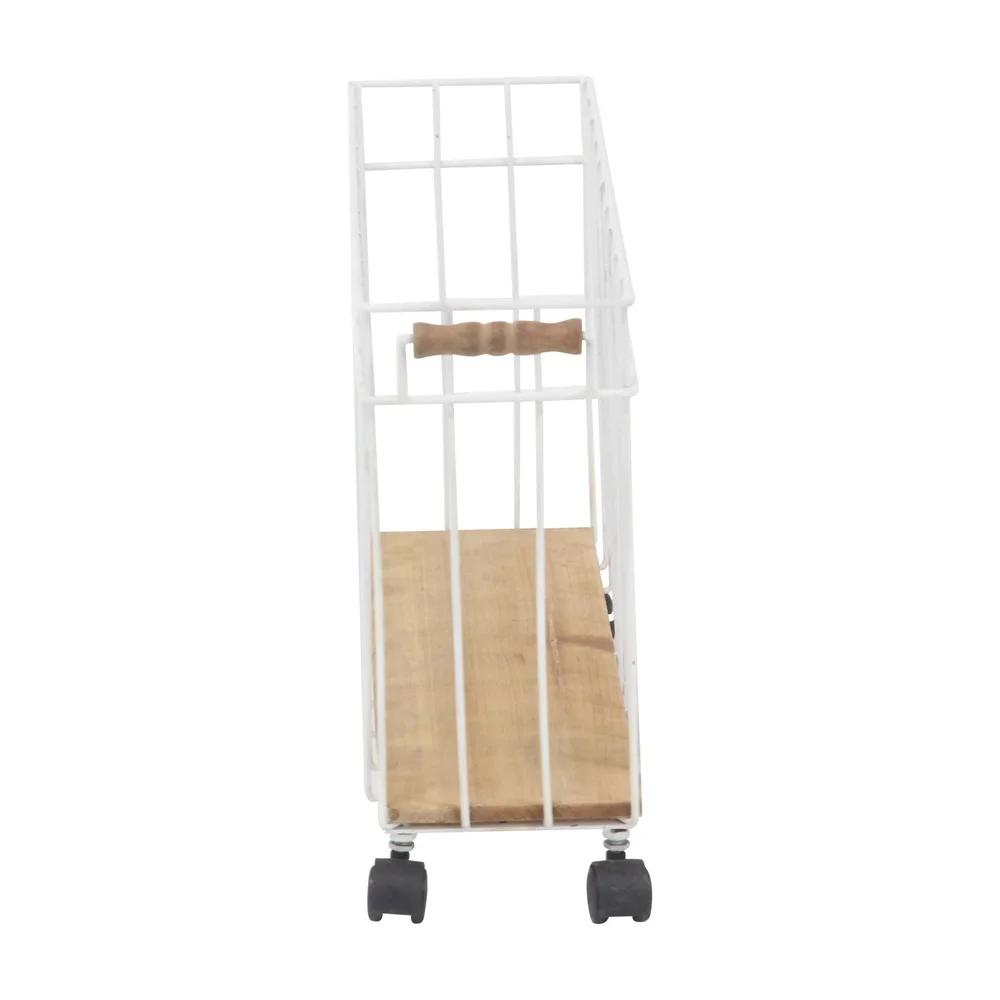 Rustic Wood Metal Magazine Holder with Caster Wheels Portable Storage Basket Home Office Organizing