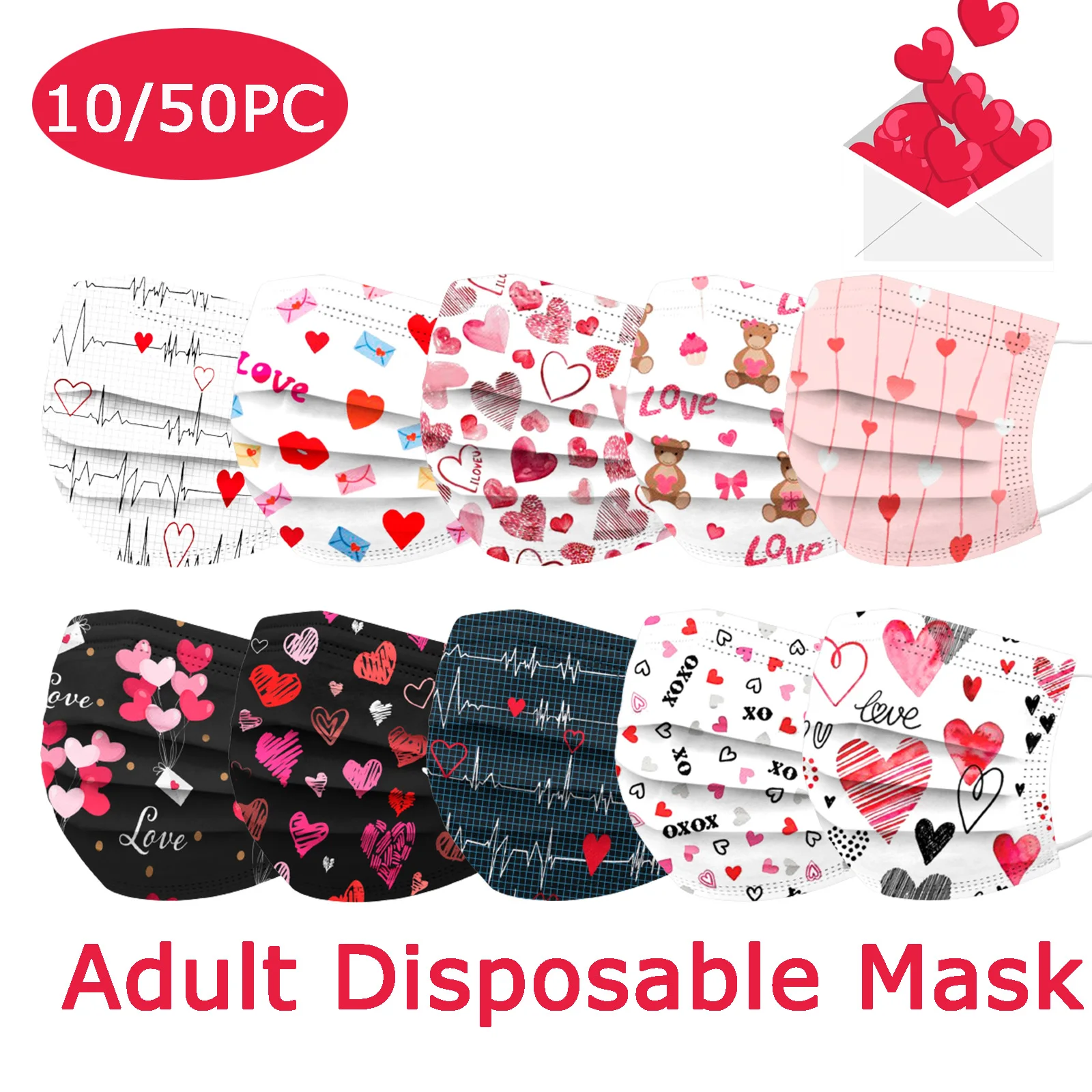 10/50PC Disposable Face Mask Adult mascarillas Valentine's Day Colorful Four Layer With Meltblown Lace Mesh Disposable Mask