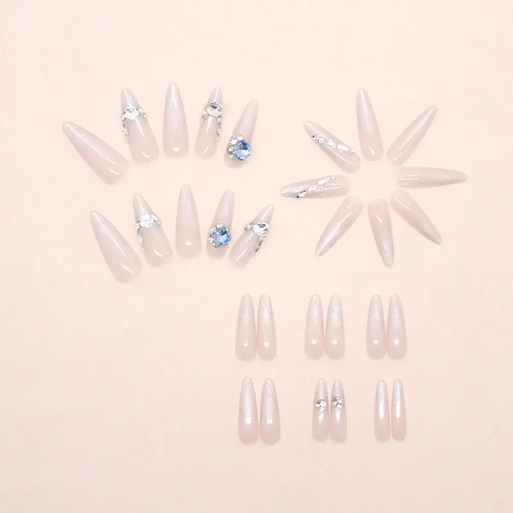 

30pcs Long Almond Stiletto False Nails French Shimmering Moonlight Press on Nails Detachable Cat Eye Rhinestone Fake Nails DIY