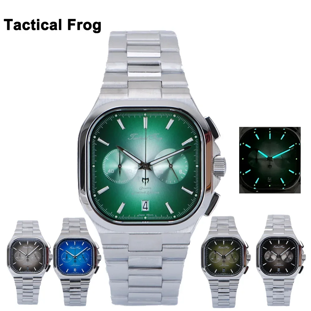 Orologio da polso Vintage da uomo tattico Frog 40mm quadrante verde zaffiro VK64 movimento al quarzo funzione cronografo luminoso 10Bar